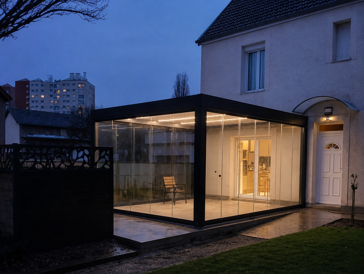 Extension vitrée à ossature aluminium noire accolée à une maison normande, éclairée au crépuscule