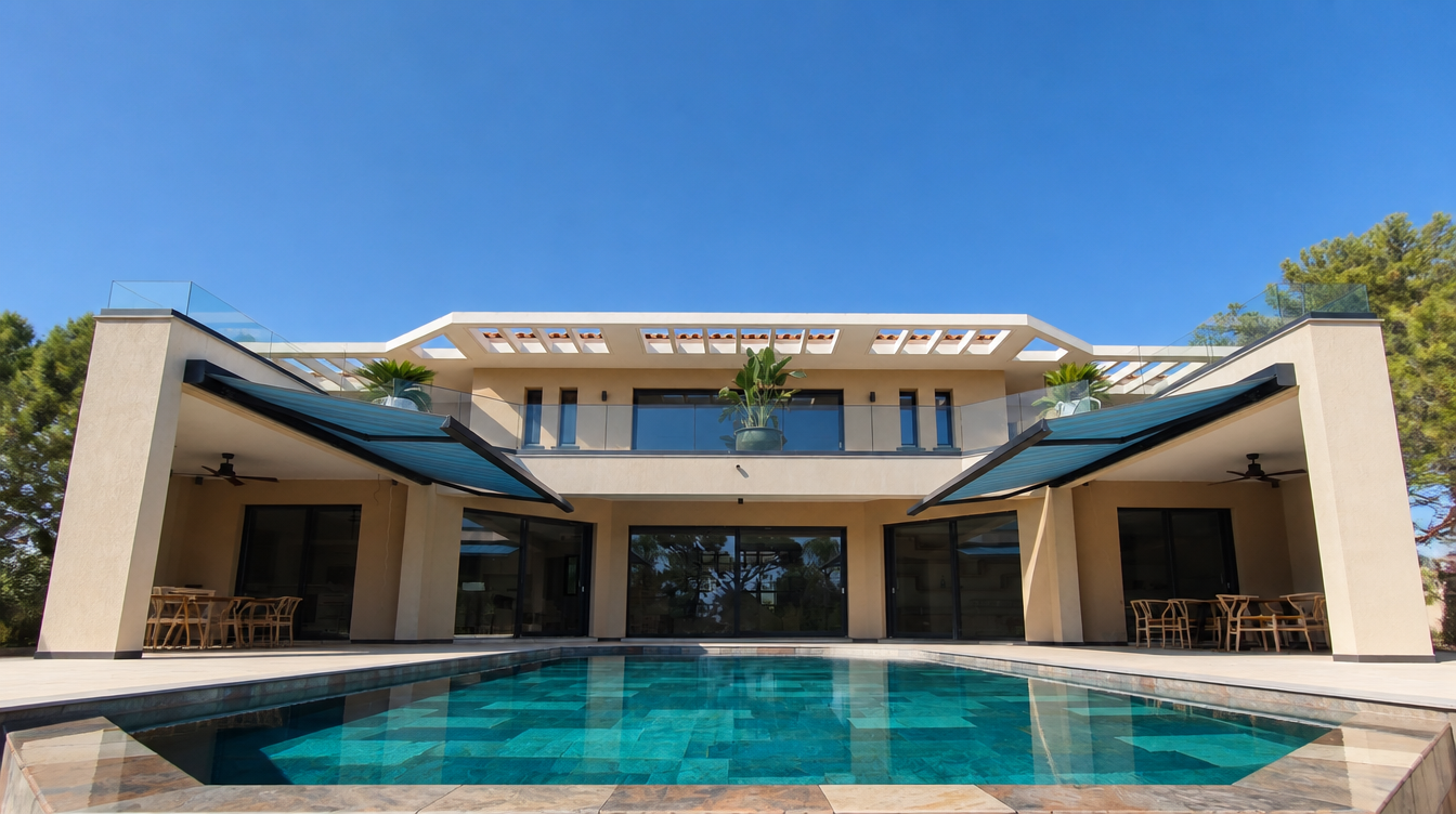 Villa méditerranéenne avec deux grands stores bannes bleus déployés au-dessus de la piscine