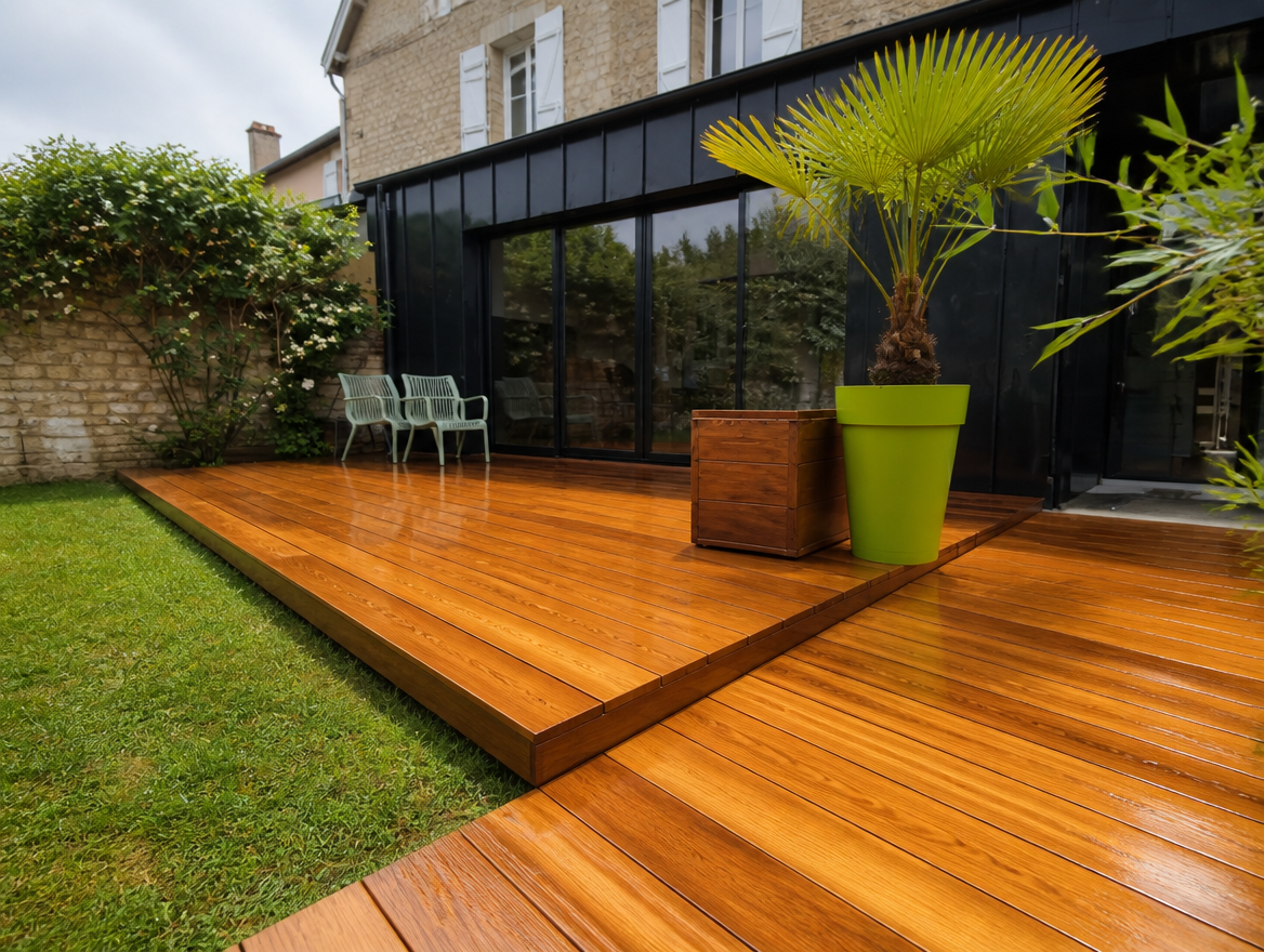 Terrasse bois huilee le long d une extension bardee de zinc noir, jardin normand