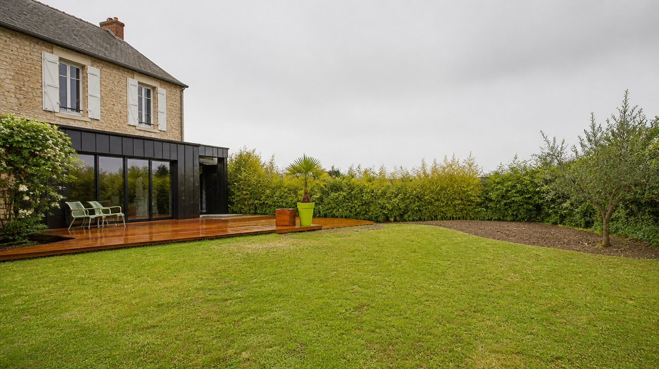 Terrasse en bois exotique et extension noire vitree realisees par LC Renover a Caen