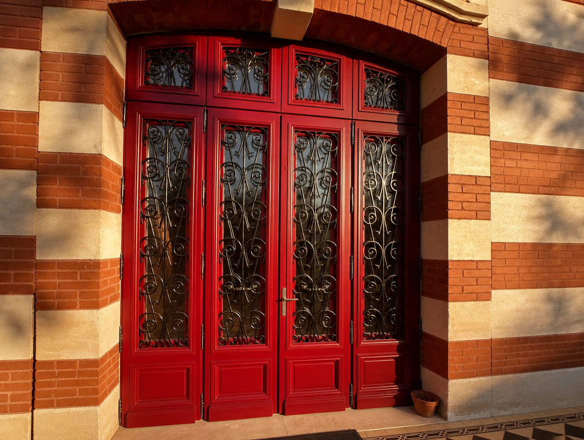 Porte d entree double en bois laque rouge et ferronneries noires sur encadrement brique