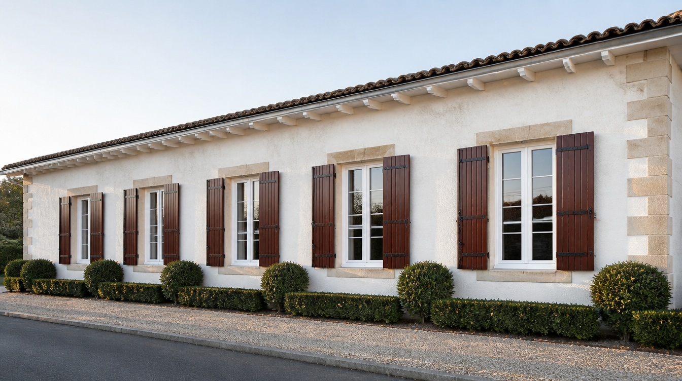 Fenetre PVC blanche a petits bois et volets bois lasures sur une facade en pierre