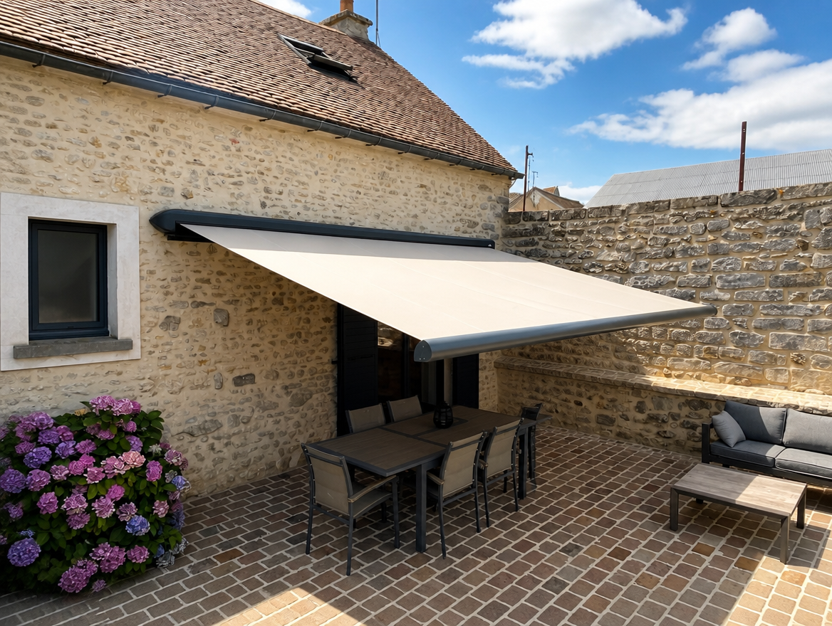 Store banne beige deploye au-dessus d une terrasse pavee, maison en pierre de taille