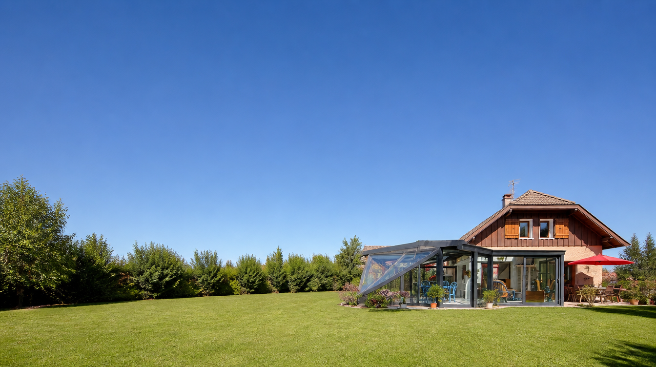 Veranda en aluminium anthracite adossee a une maison, pelouse et ciel bleu d ete