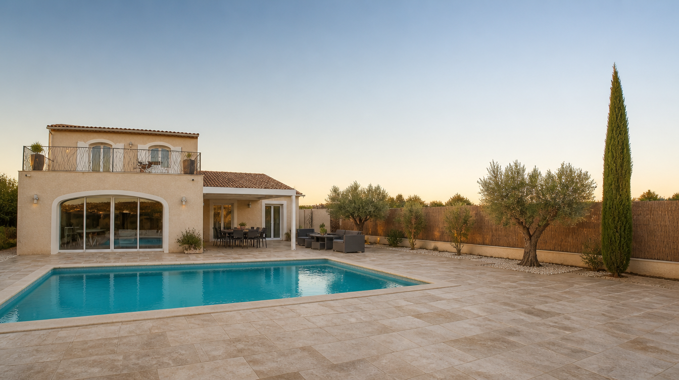 Villa mediterraneenne avec baie vitree cintree, pergola aluminium et piscine signees M sur Mesure