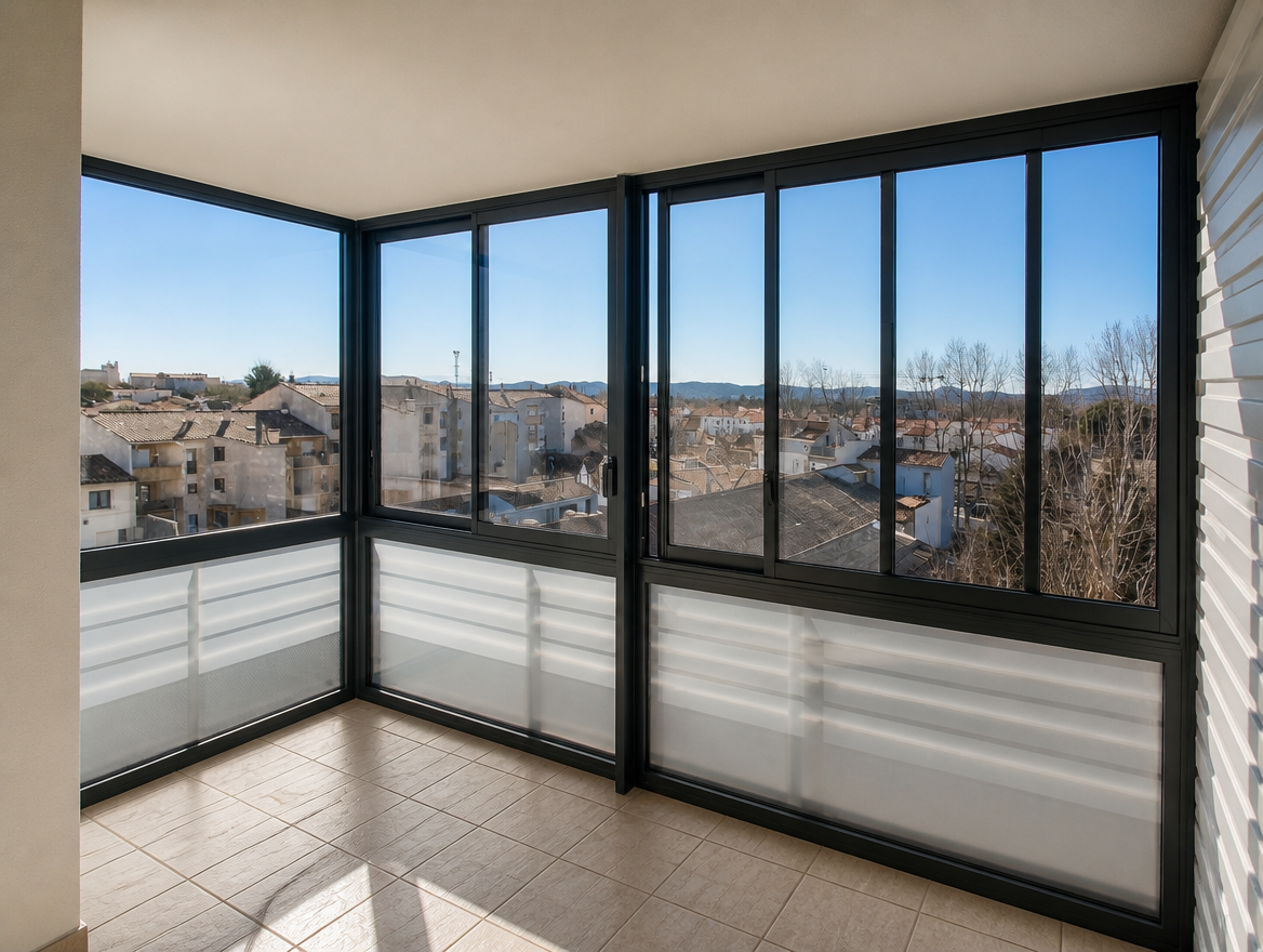 Loggia fermee par des menuiseries aluminium anthracite, vue sur les toits de Lezignan-Corbieres