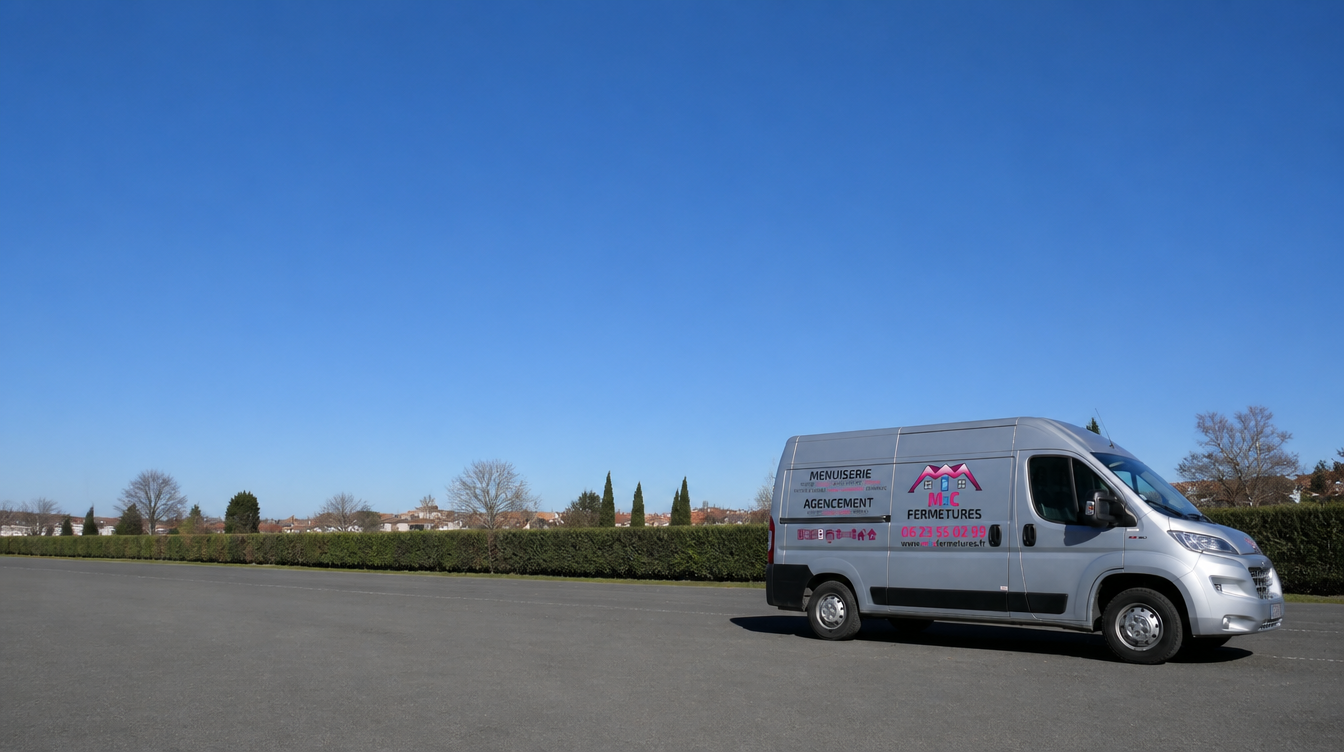 Camion utilitaire M2C Fermetures floque, stationne sous un grand ciel bleu d Auvergne