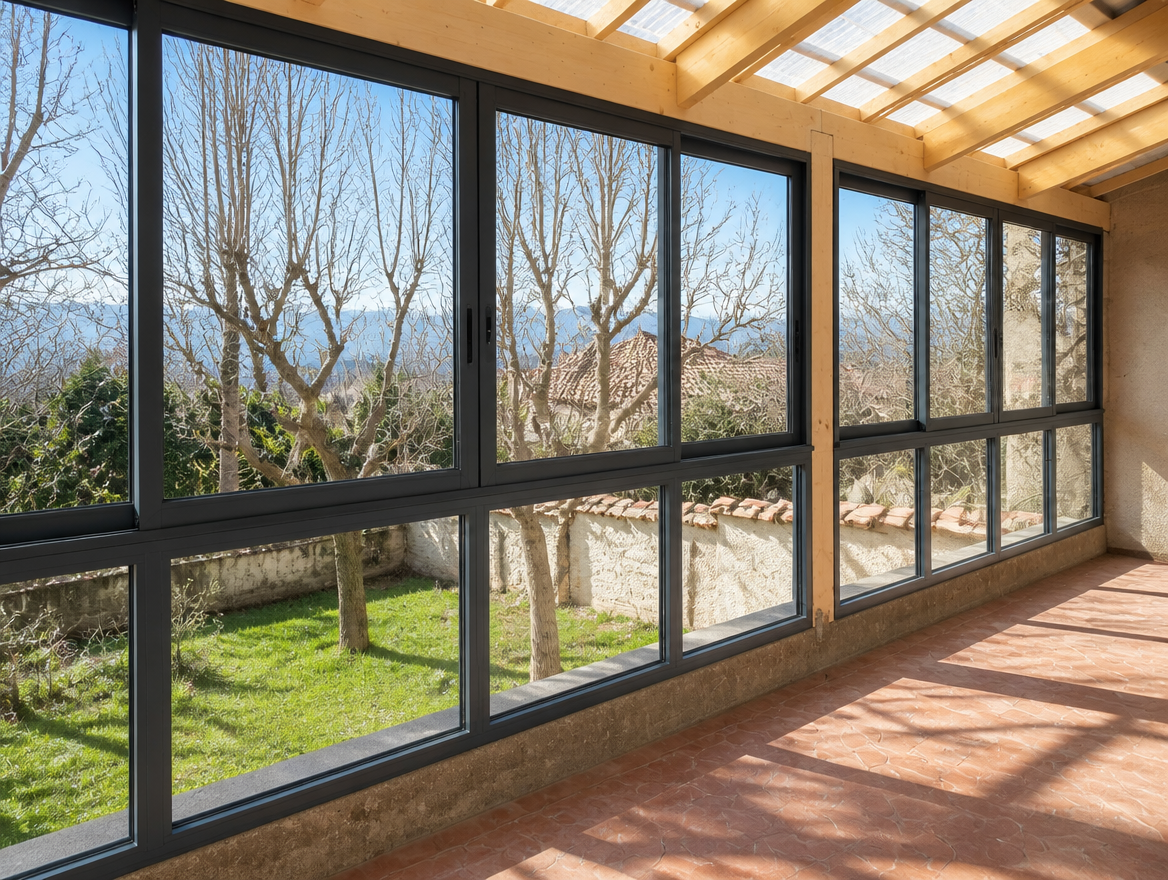 Veranda neuve en aluminium anthracite, grande paroi vitree et charpente bois cote jardin