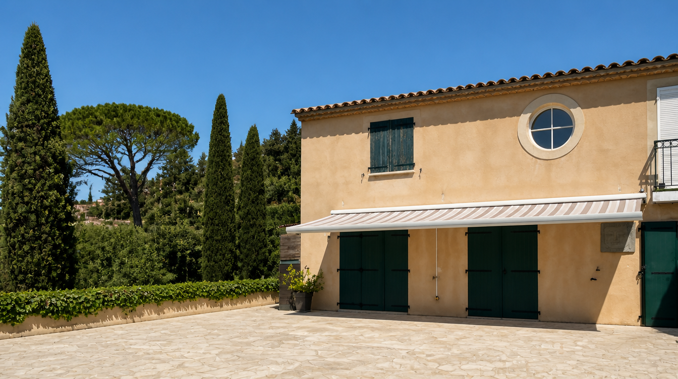 Store banne raye deploye sur une facade provencale ocre aux volets verts, terrasse ensoleillee