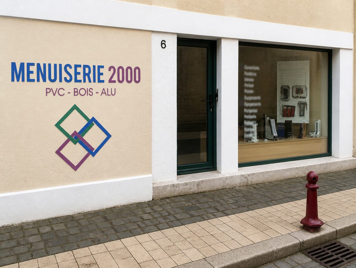 Devanture de Menuiserie 2000 a Dourdan, enseigne bleue et vitrine a cadre vert