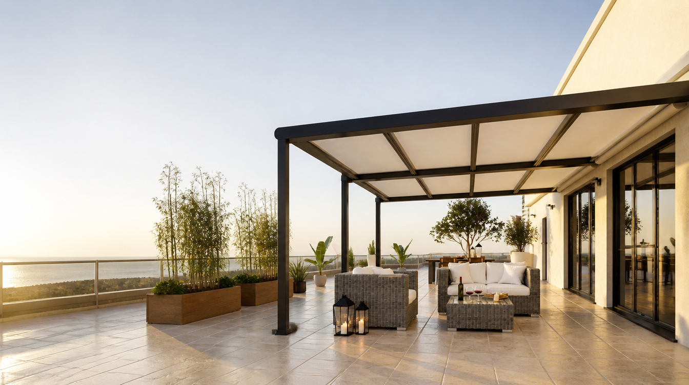 Pergola aluminium anthracite a toile creme sur une grande terrasse en travertin ensoleillee