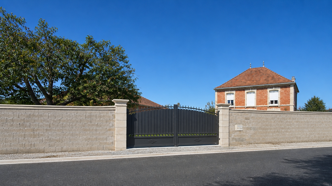 Portail aluminium anthracite entre piliers de pierre, maison champenoise en brique et ciel bleu