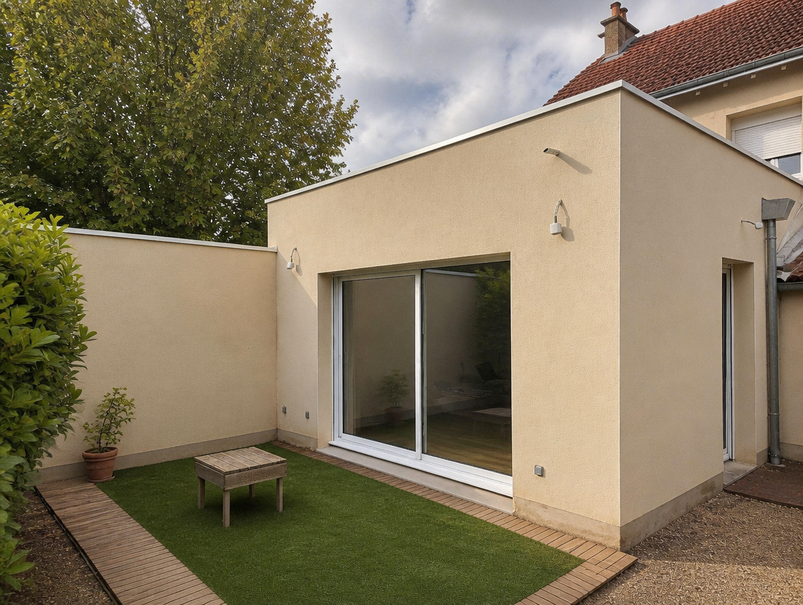 Extension contemporaine a toit plat avec grande baie coulissante blanche ouvrant sur la terrasse