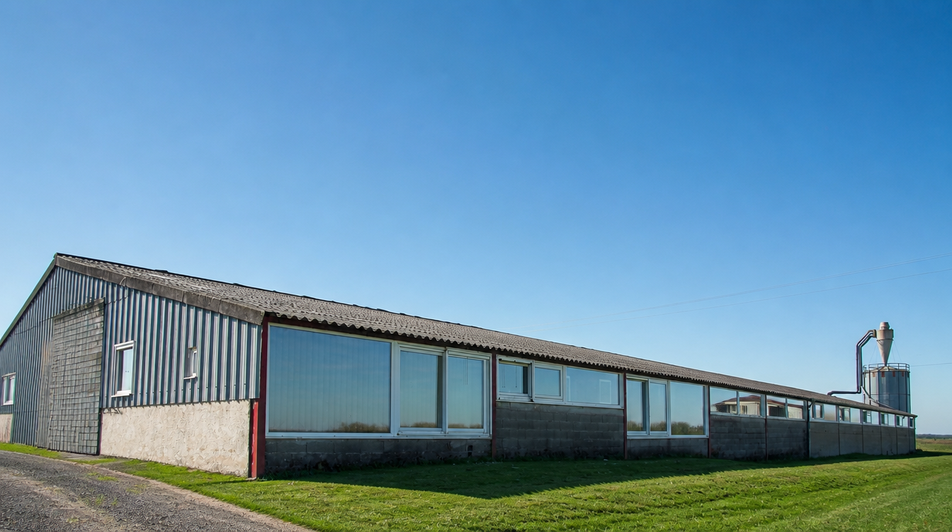 Atelier de menuiserie vosgien, longue facade vitree en bardage gris sous un grand ciel bleu