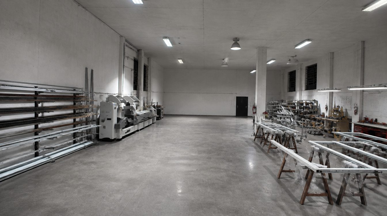 Atelier de fabrication de menuiseries aluminium, machines et profiles alignes dans un vaste hall