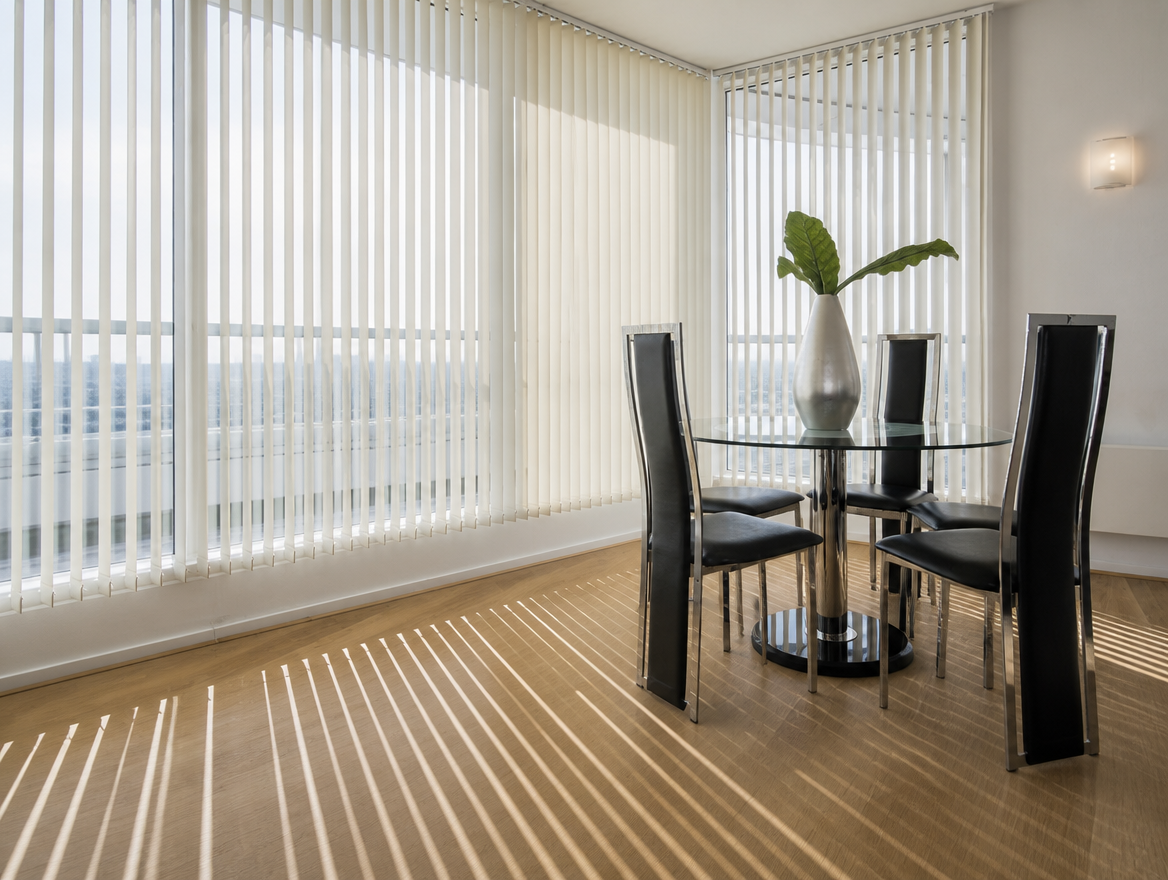 Stores a bandes verticales ivoire dans un sejour lumineux avec table ronde en verre