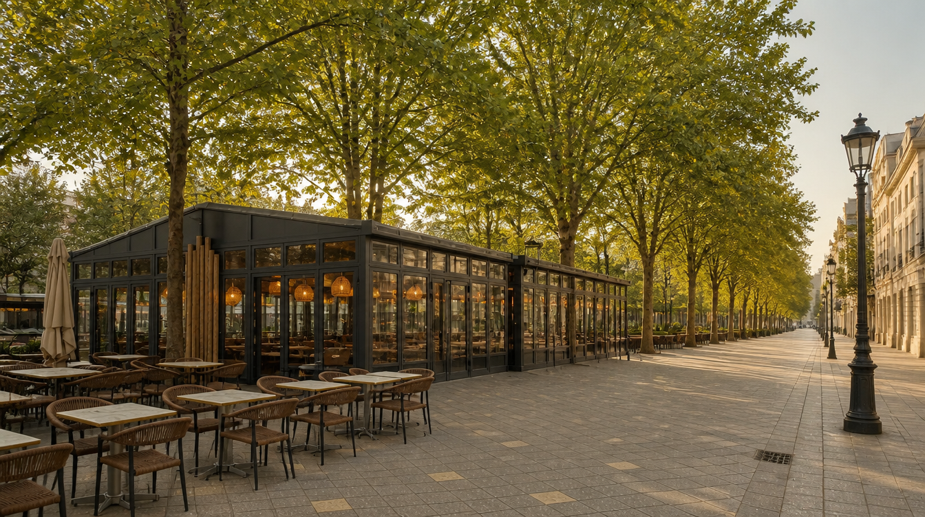 Veranda vitree en aluminium anthracite abritant une terrasse de cafe sous les platanes