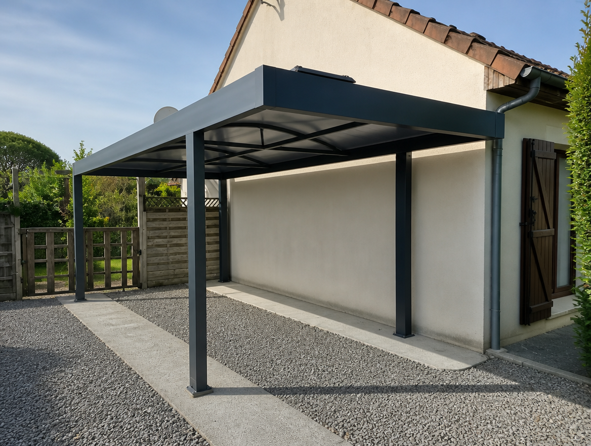 Carport aluminium anthracite adosse a une maison, vue trois quarts sous un ciel clair