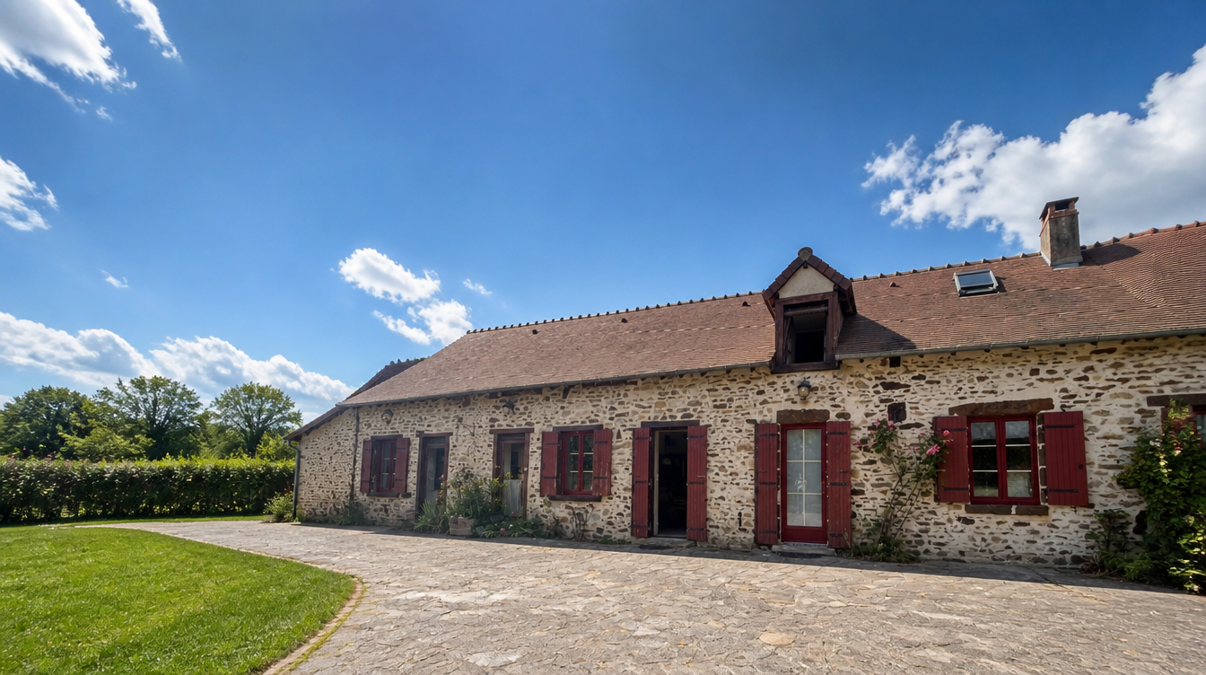 Longere berrichonne en pierre aux fenetres et volets rouges, vaste ciel bleu au-dessus