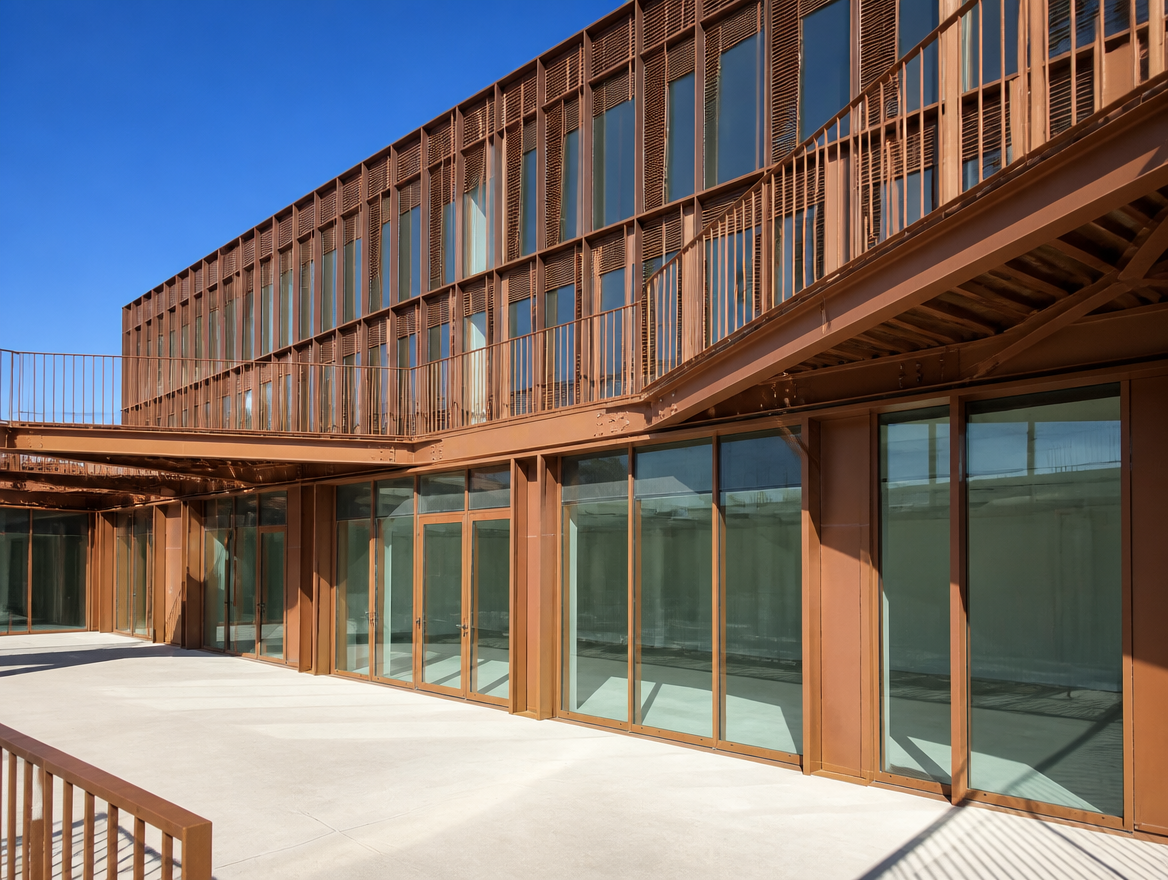 Grande facade vitree a ossature acier brun, realisation de menuiserie exterieure sur mesure