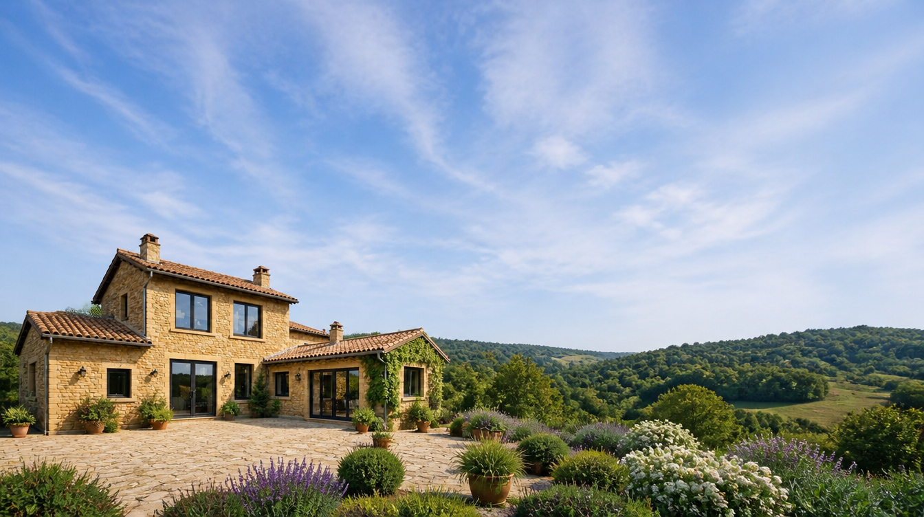 Maison en pierre doree equipee de menuiseries aluminium anthracite, collines boisees en arriere-plan