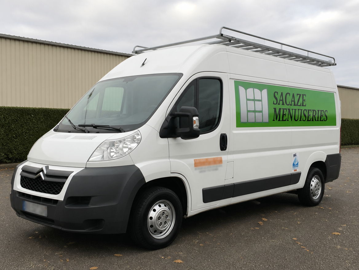 Camion utilitaire blanc floque SACAZE MENUISERIES, vue trois quarts sur un parking