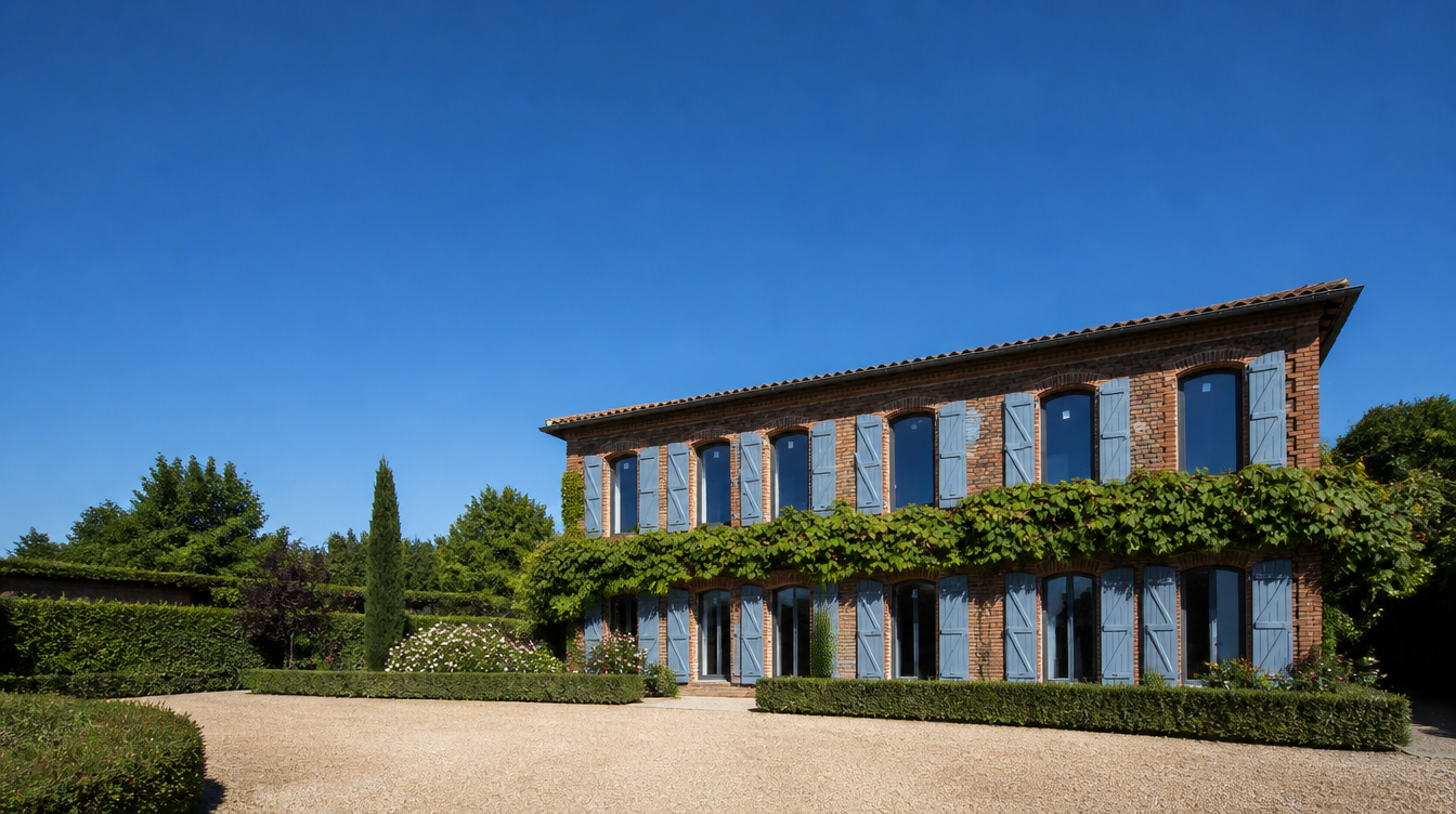Maison de briques rouges aux volets bleu-gris et fenetres neuves, ciel bleu du Sud-Ouest