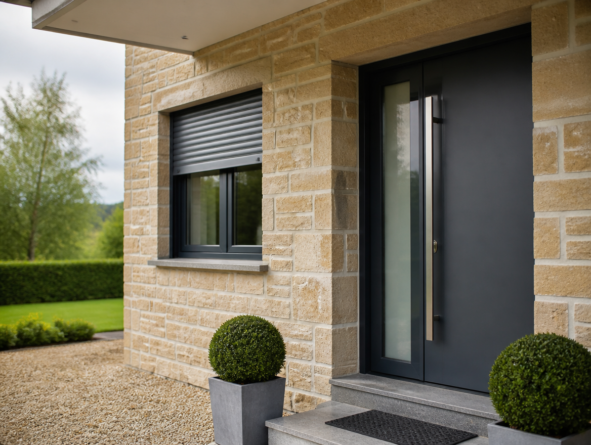 Porte d'entree aluminium anthracite posee sur une facade en pierre, volet roulant assorti