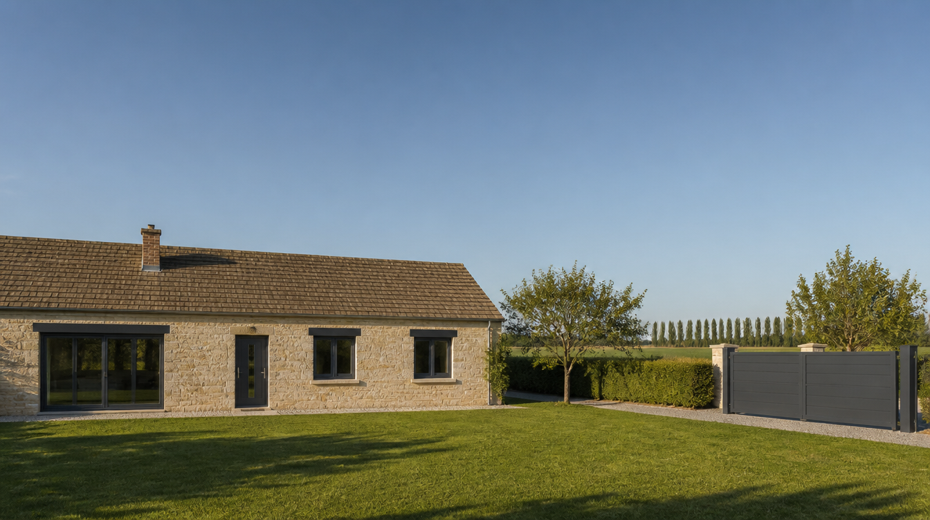 Maison en pierre de l'Yonne avec menuiseries aluminium anthracite et portail coulissant assorti
