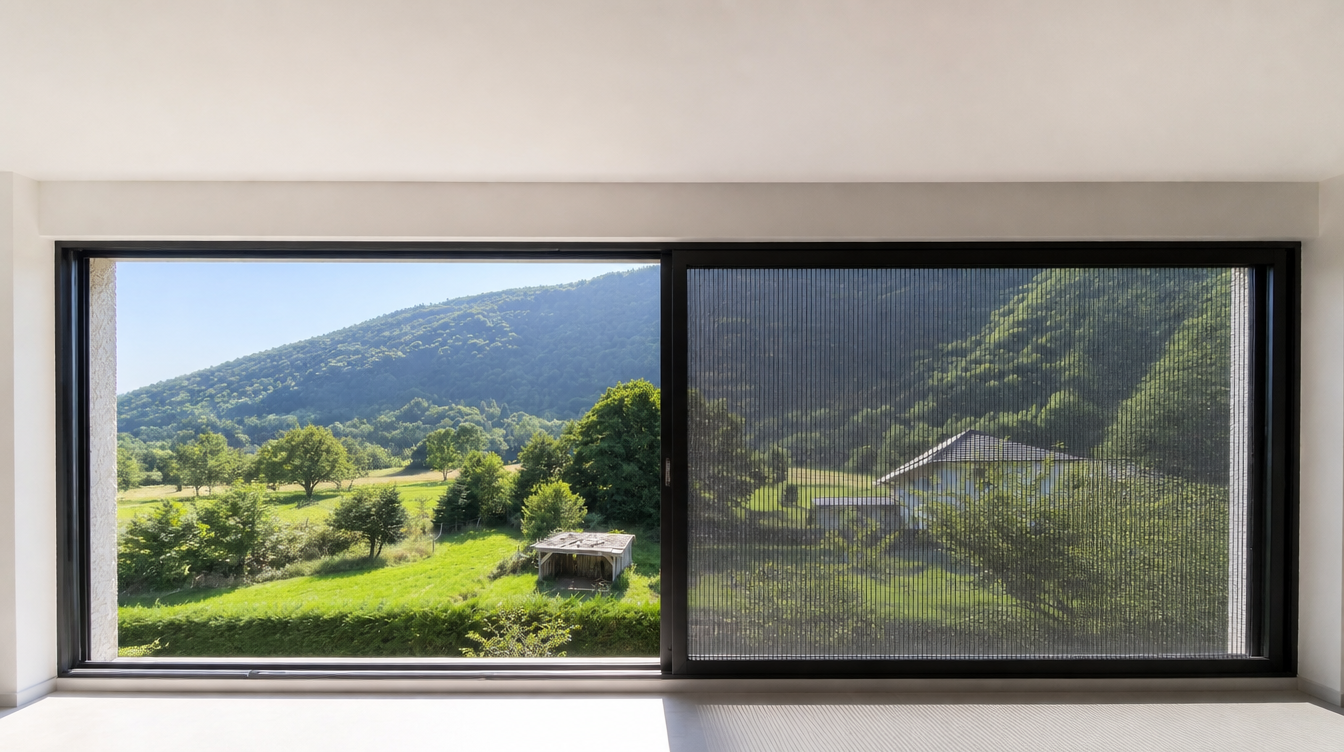 Grande baie coulissante noire ouverte sur la vallee verte et les montagnes de Savoie
