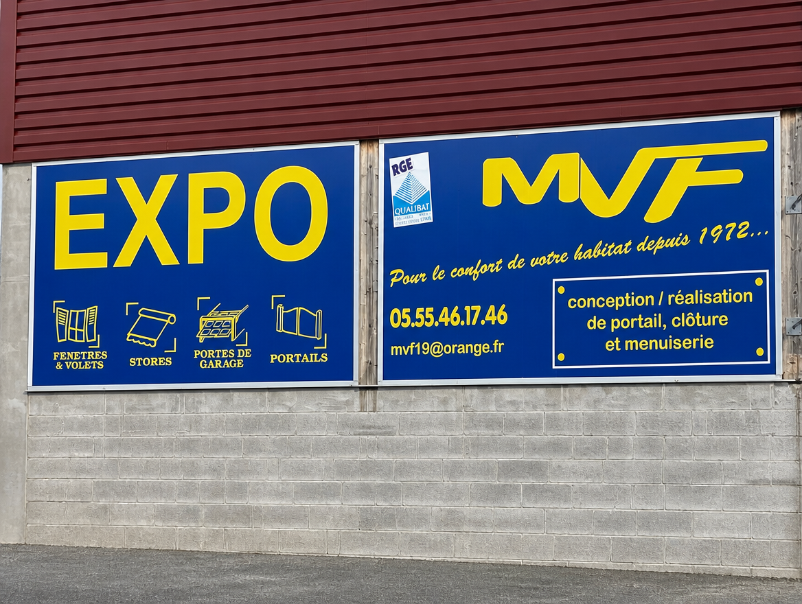 Enseigne bleu et jaune MVF au-dessus de l'espace expo, portails, fenetres et stores