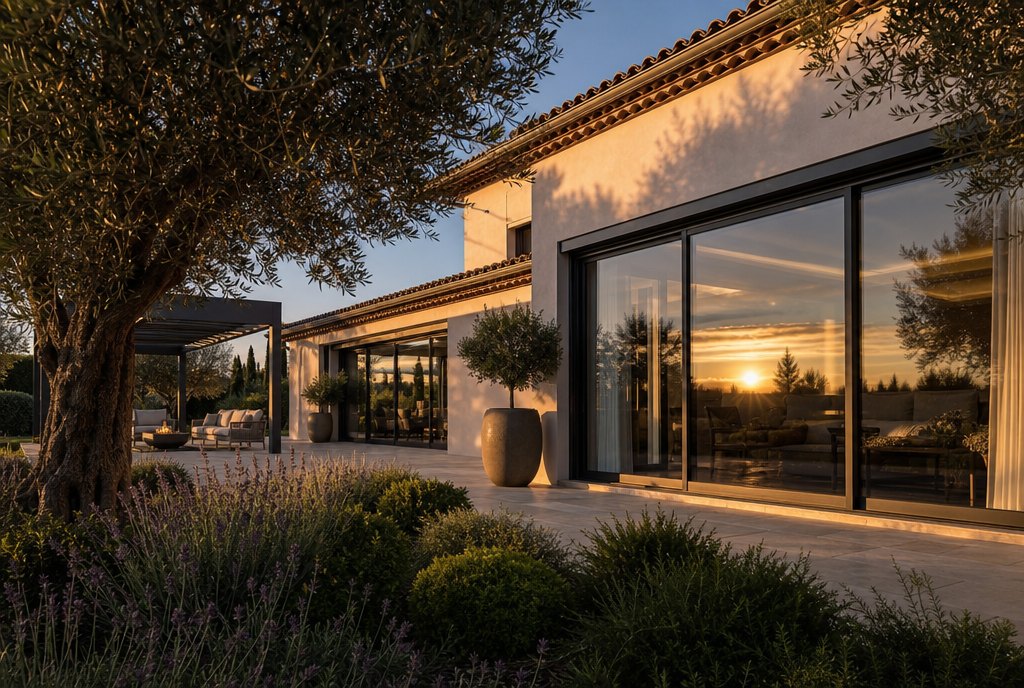 Façade contemporaine avec baies coulissantes en aluminium anthracite au coucher du soleil