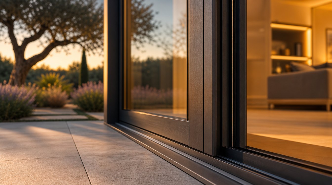Détail d'un profil de baie coulissante en aluminium anthracite