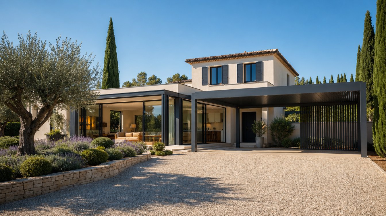 Villa contemporaine avec carport aluminium et extension vitrée
