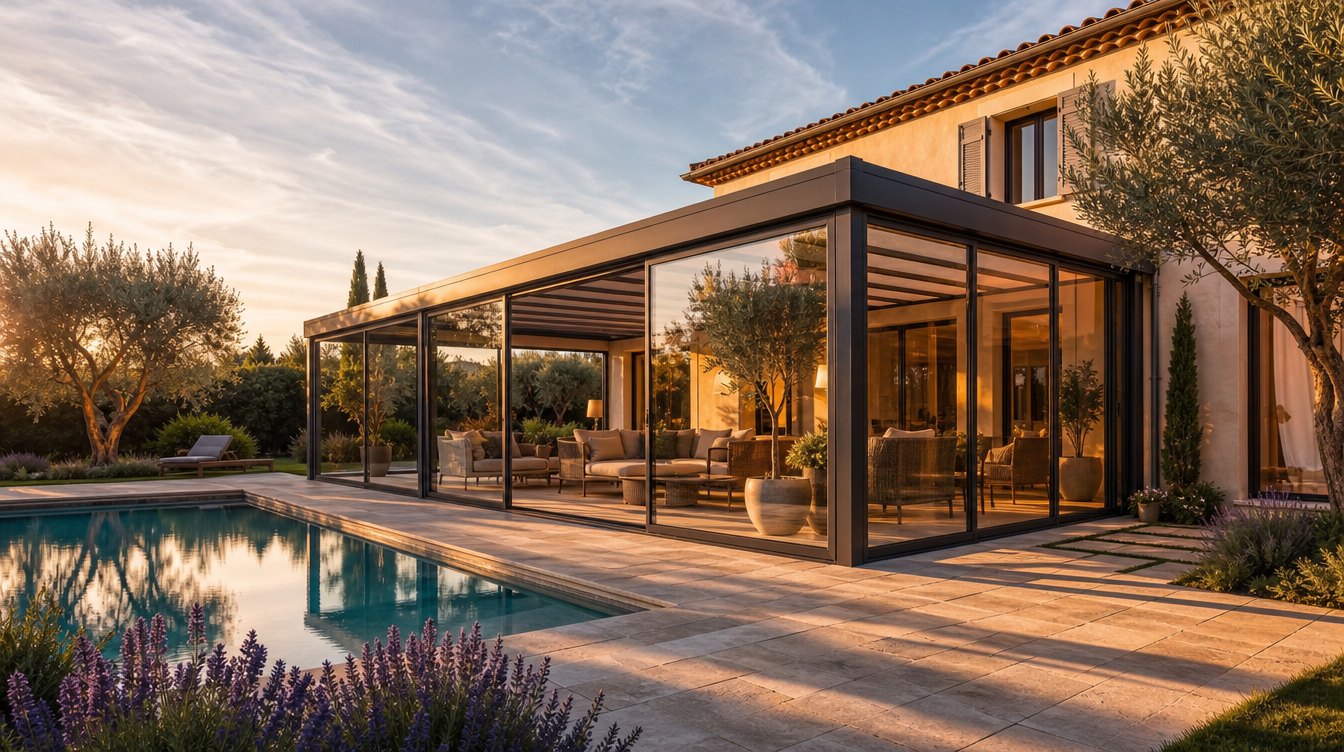 Véranda vitrée à structure aluminium accolée à une maison en pierre
