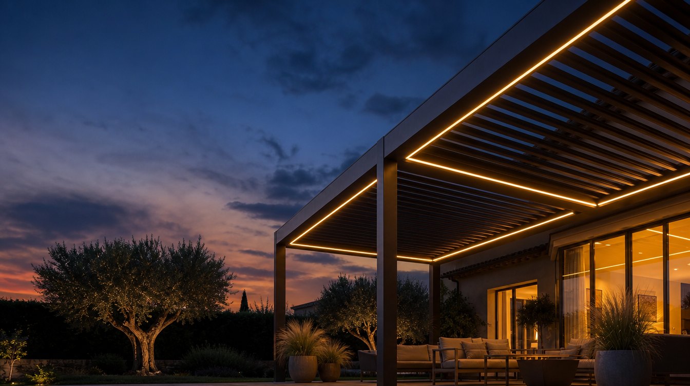 Pergola bioclimatique en aluminium vue en contre-plongée au crépuscule