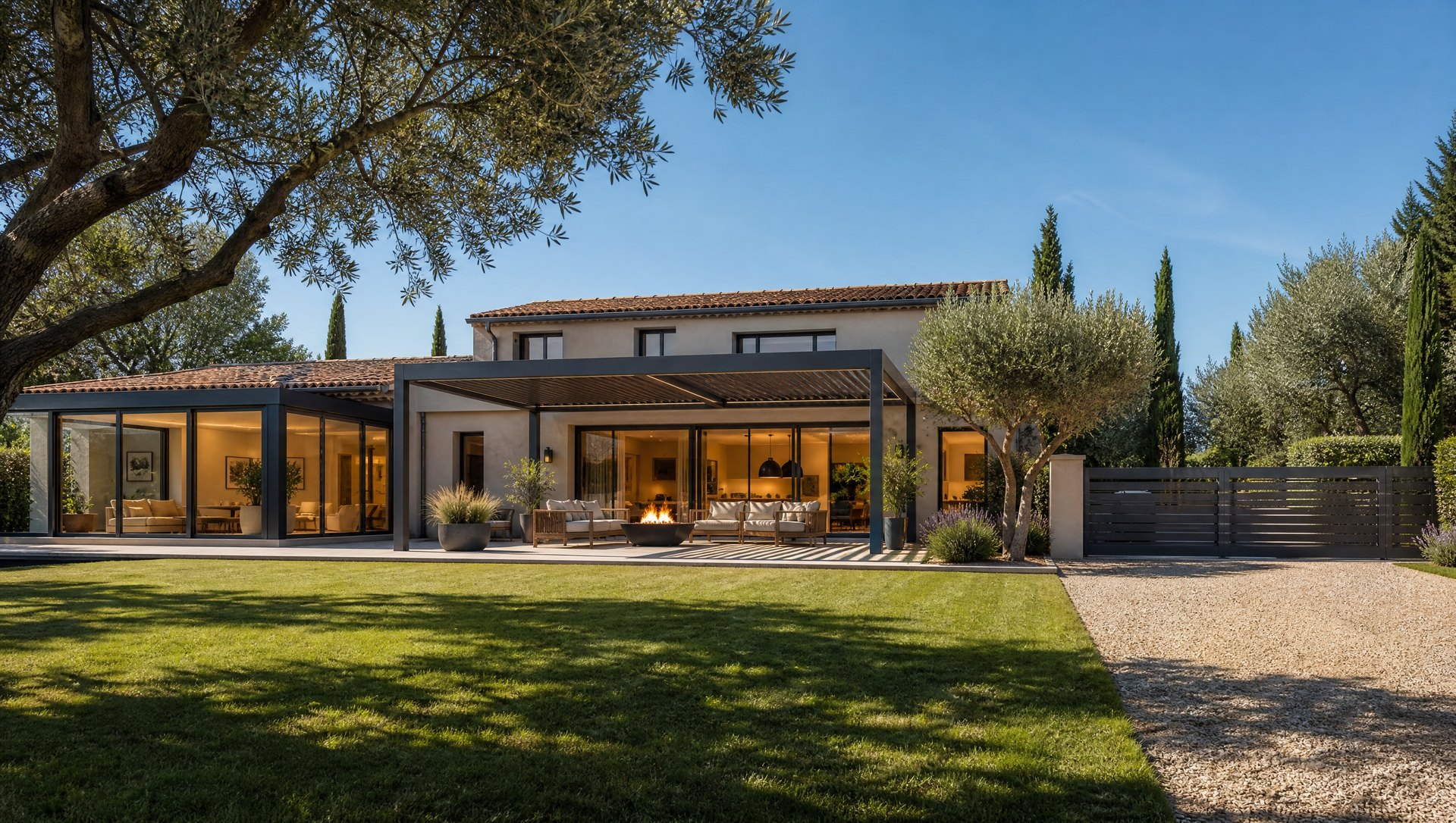 Maison contemporaine avec véranda, pergola bioclimatique et portail aluminium