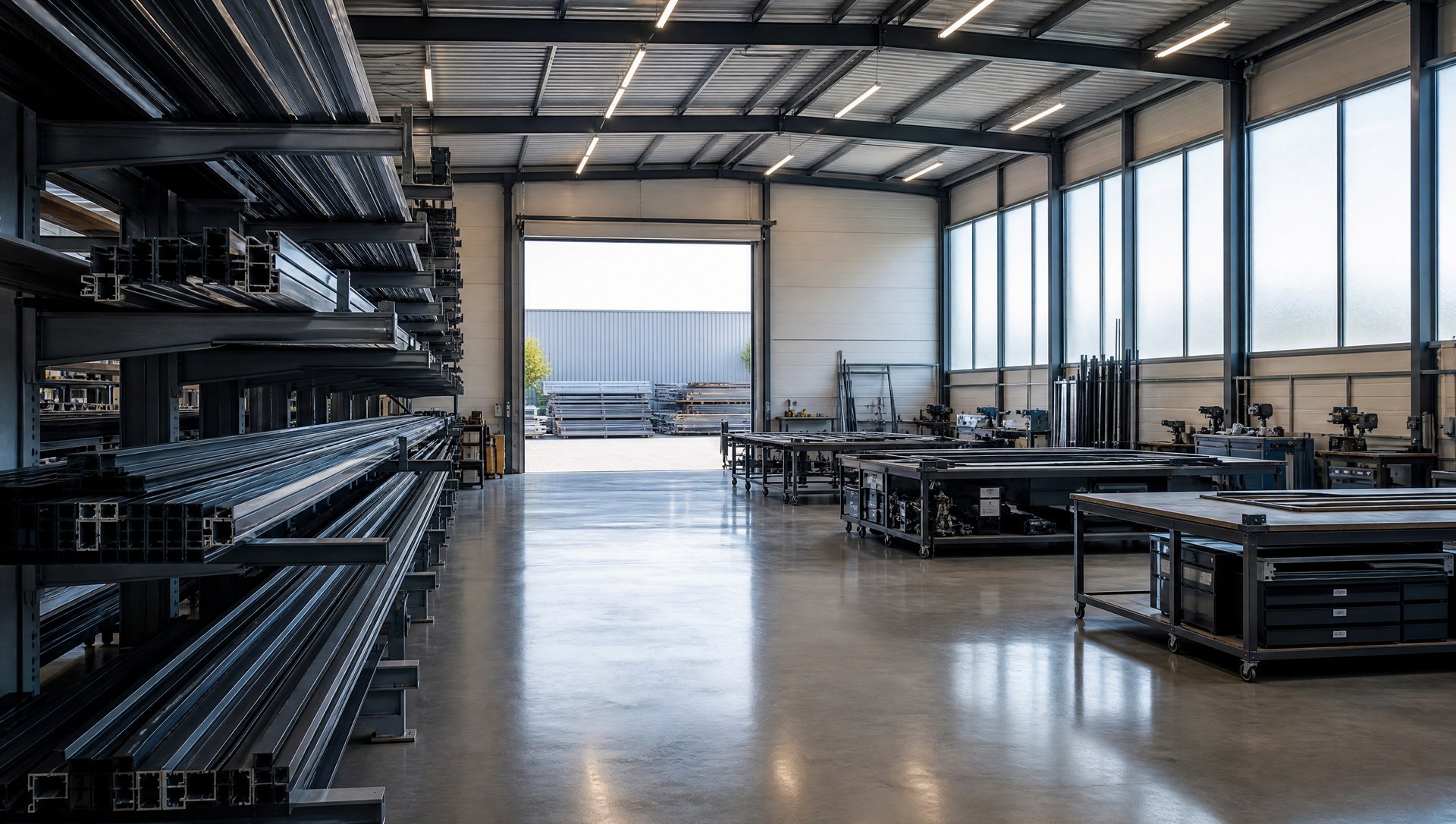 Hall de production de menuiseries aluminium, profilés rangés et établis d'assemblage