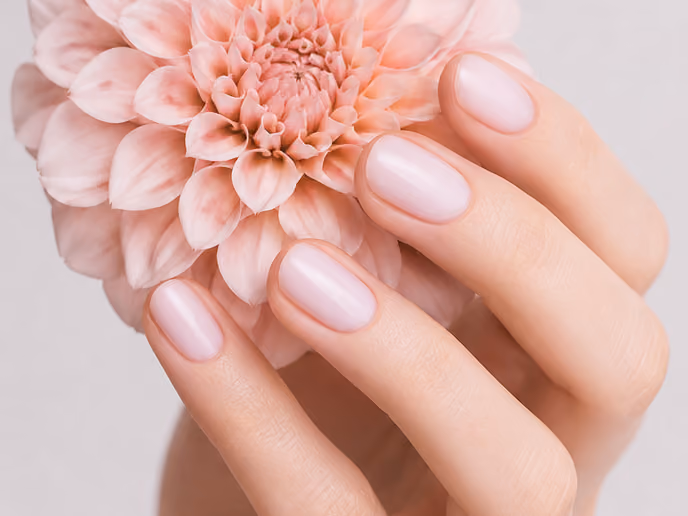 Hand met natuurlijk gelakte BIAB-nagels houdt een dahlia vast