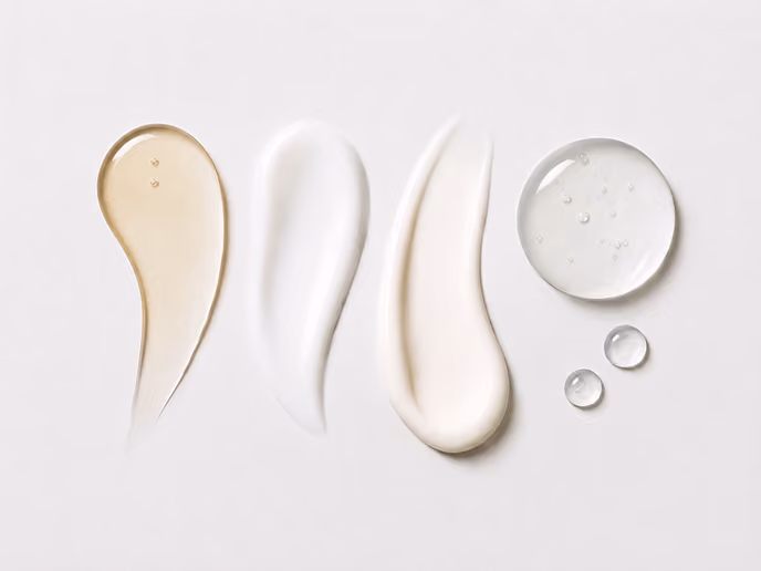 Textuurstalen van serum, crème en gel voor een skinboosterbehandeling