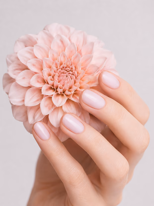 Verzorgde nagels met BIAB, met een dahlia in de hand