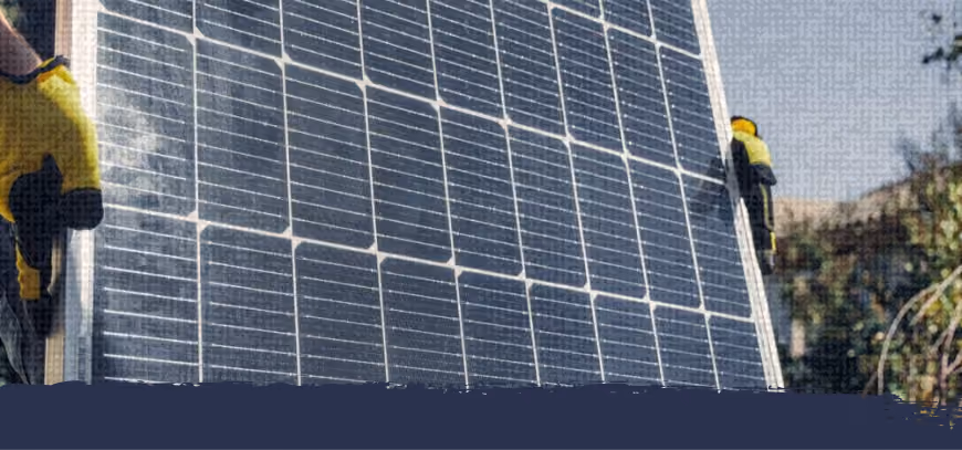 Personne en gants jaunes tenant un panneau solaire, sur fond bleu foncé