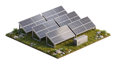 Illustration 3D de panneaux solaires installés au sol sur un carré d'herbe