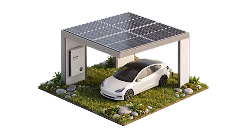 Illustration 3D d'un abri de voiture couvert de panneaux solaires, avec un véhicule blanc en dessous