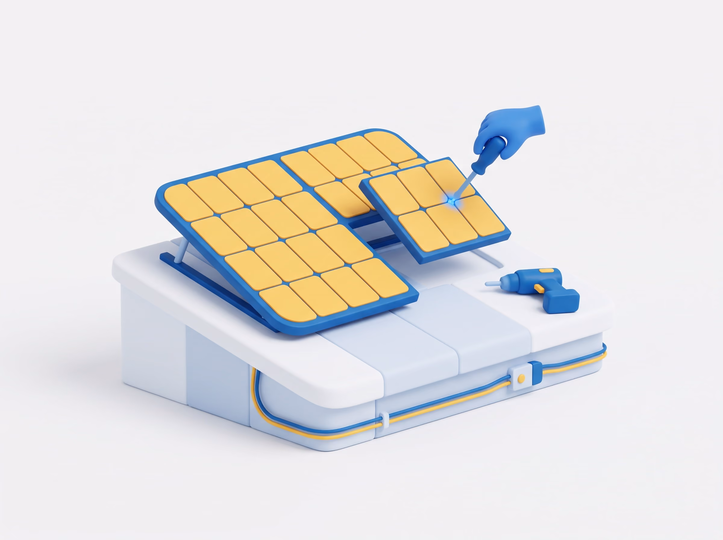 Illustration 3D d'un panneau solaire posé sur un socle blanc, avec une flèche bleue