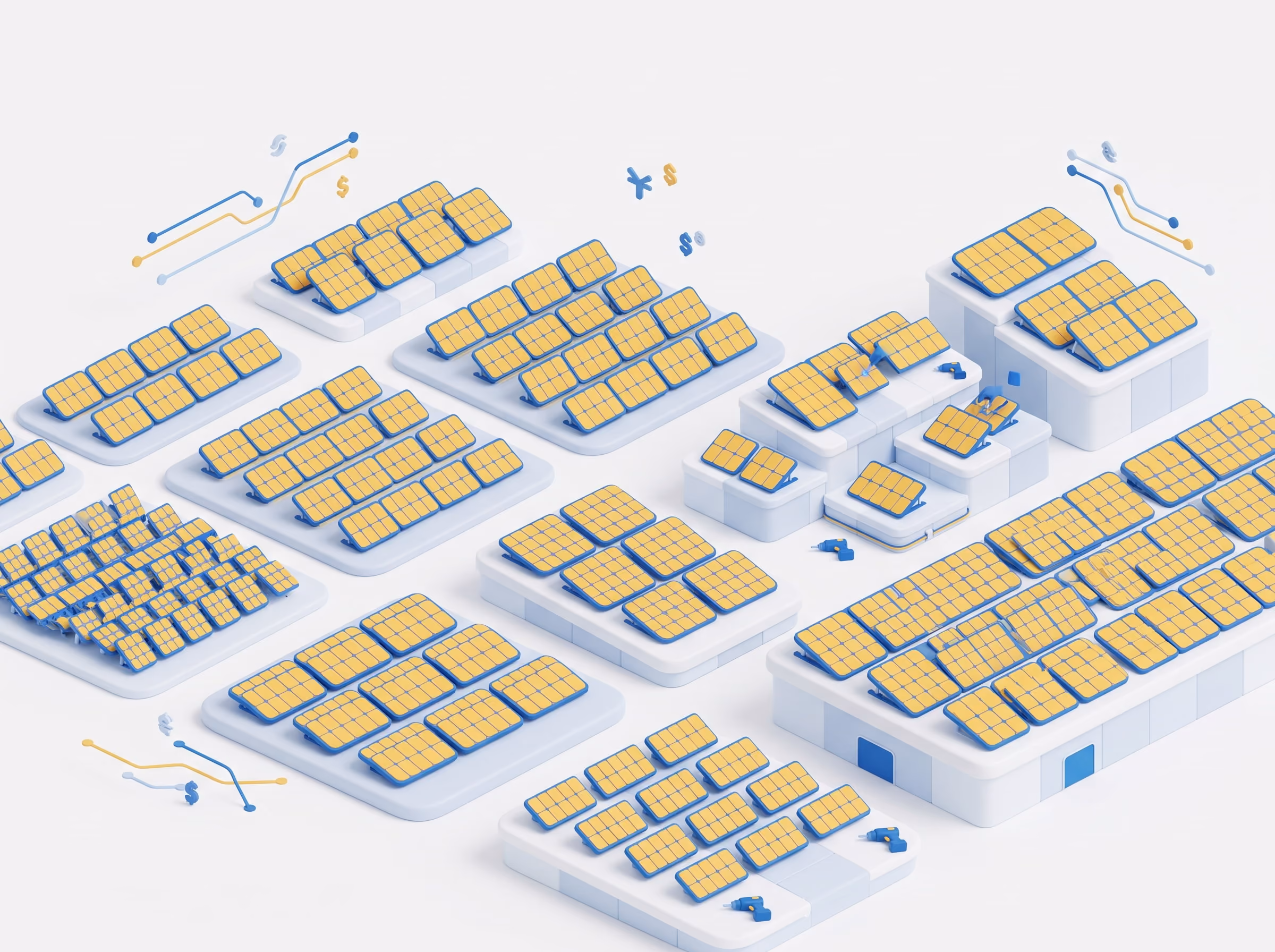 Illustration 3D en vue isométrique d'un grand champ de panneaux solaires bleus et jaunes