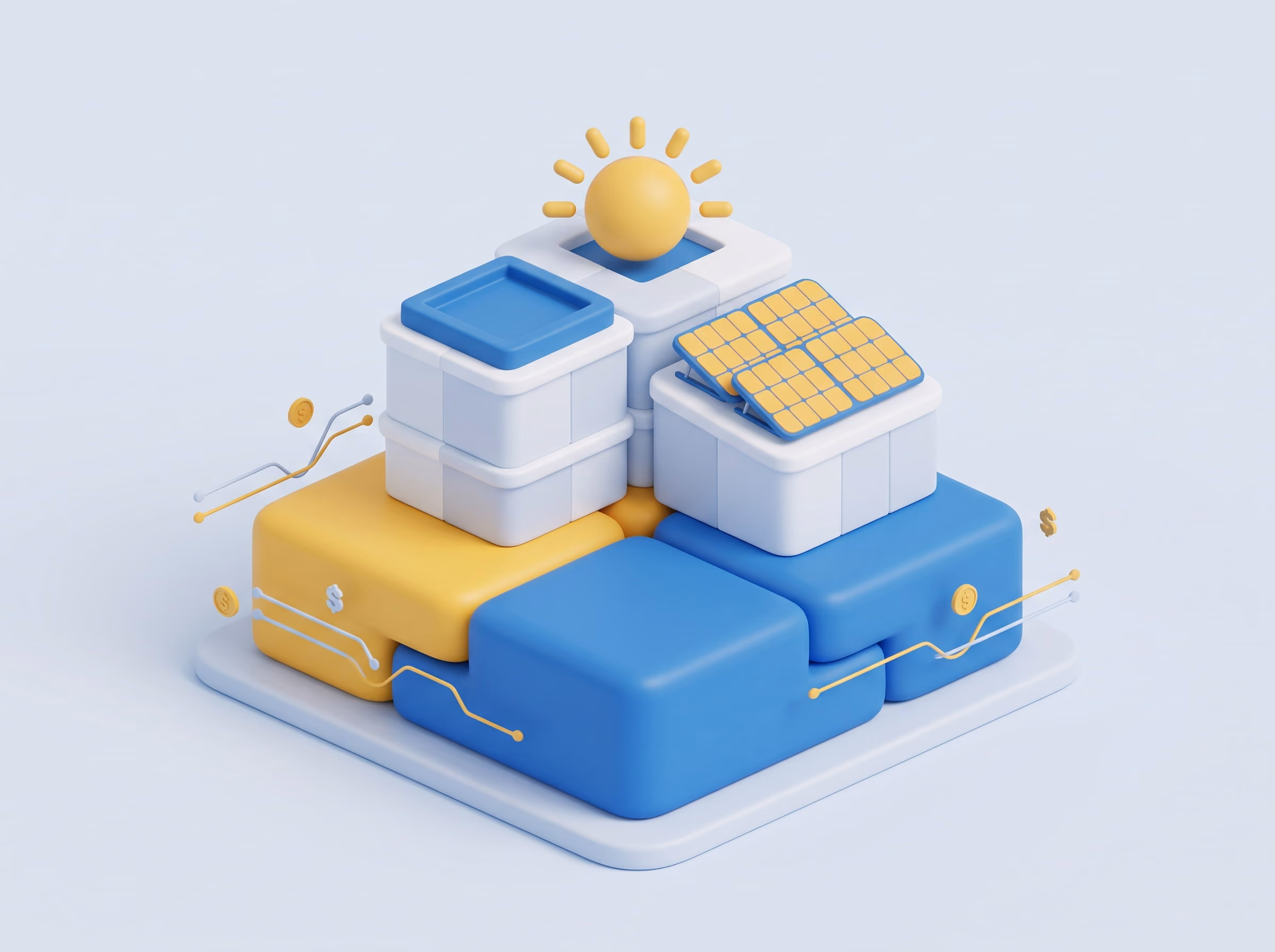 Illustration 3D de blocs bleus et blancs empilés, surmontés d'un panneau solaire et d'un soleil