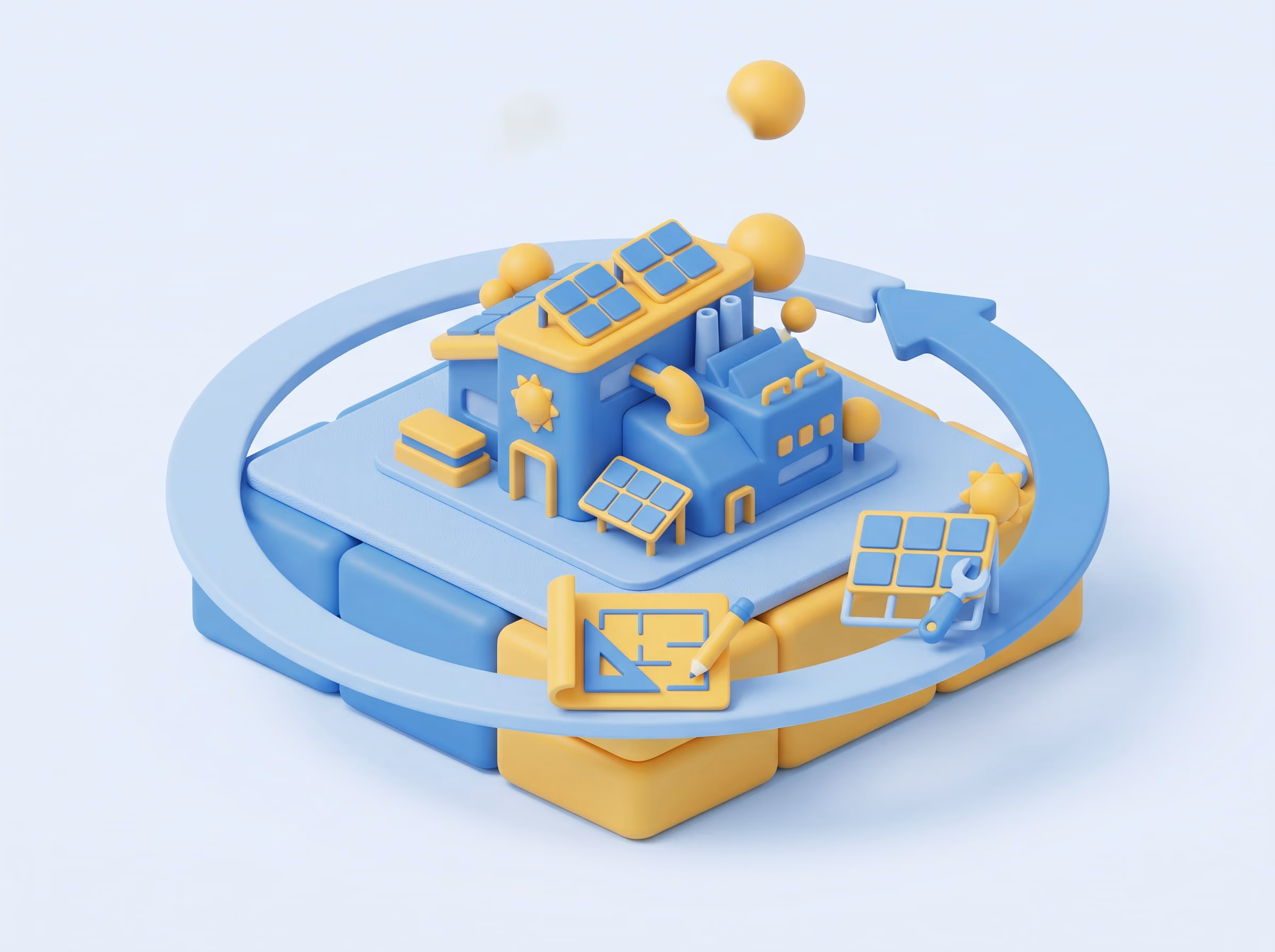 Illustration 3D d'une petite maison à panneaux solaires posée sur un anneau bleu entouré de flèches circulaires