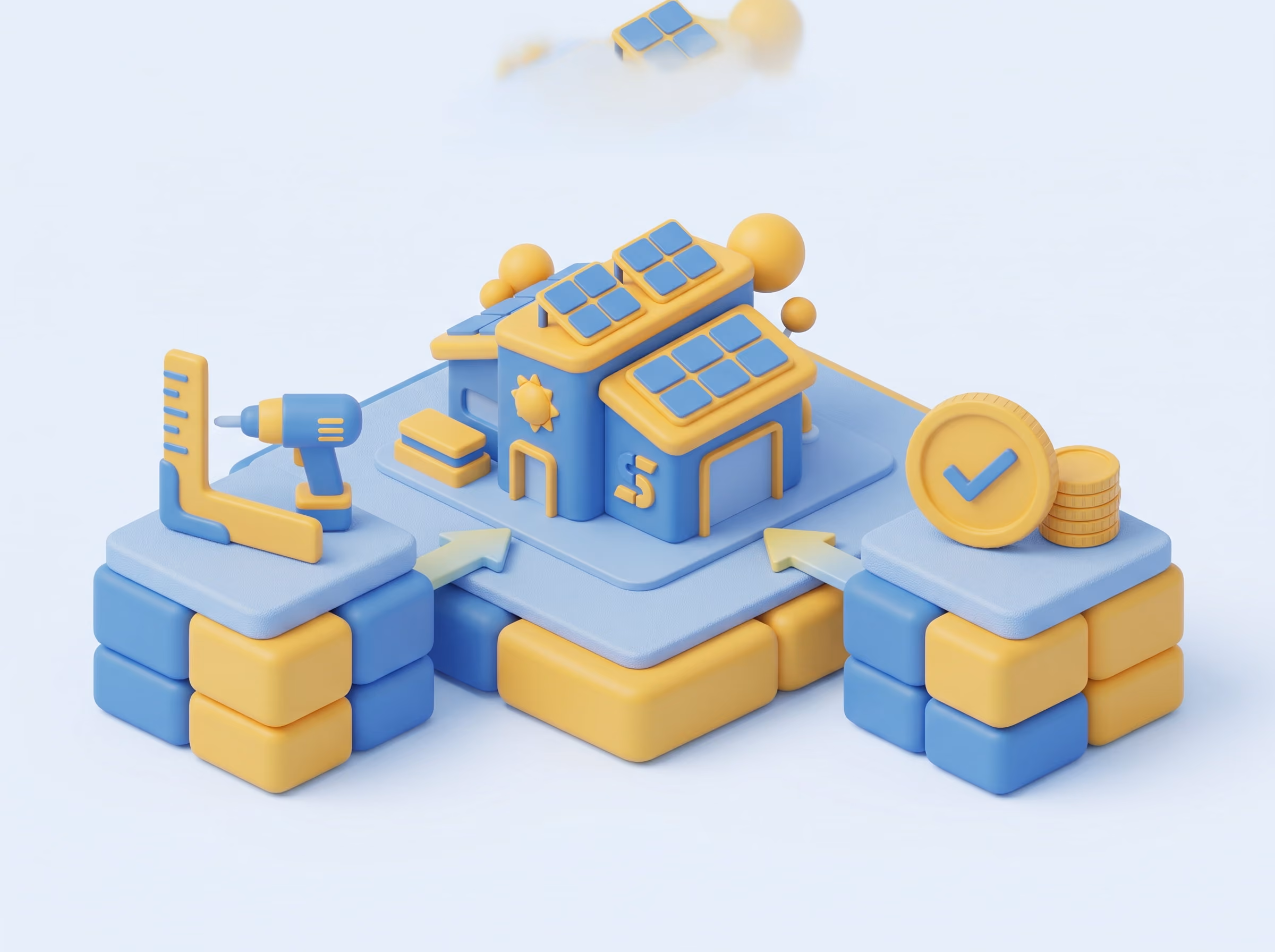 Illustration 3D de bâtiments bleus et jaunes accompagnés d'éléments dorés, façon maquette