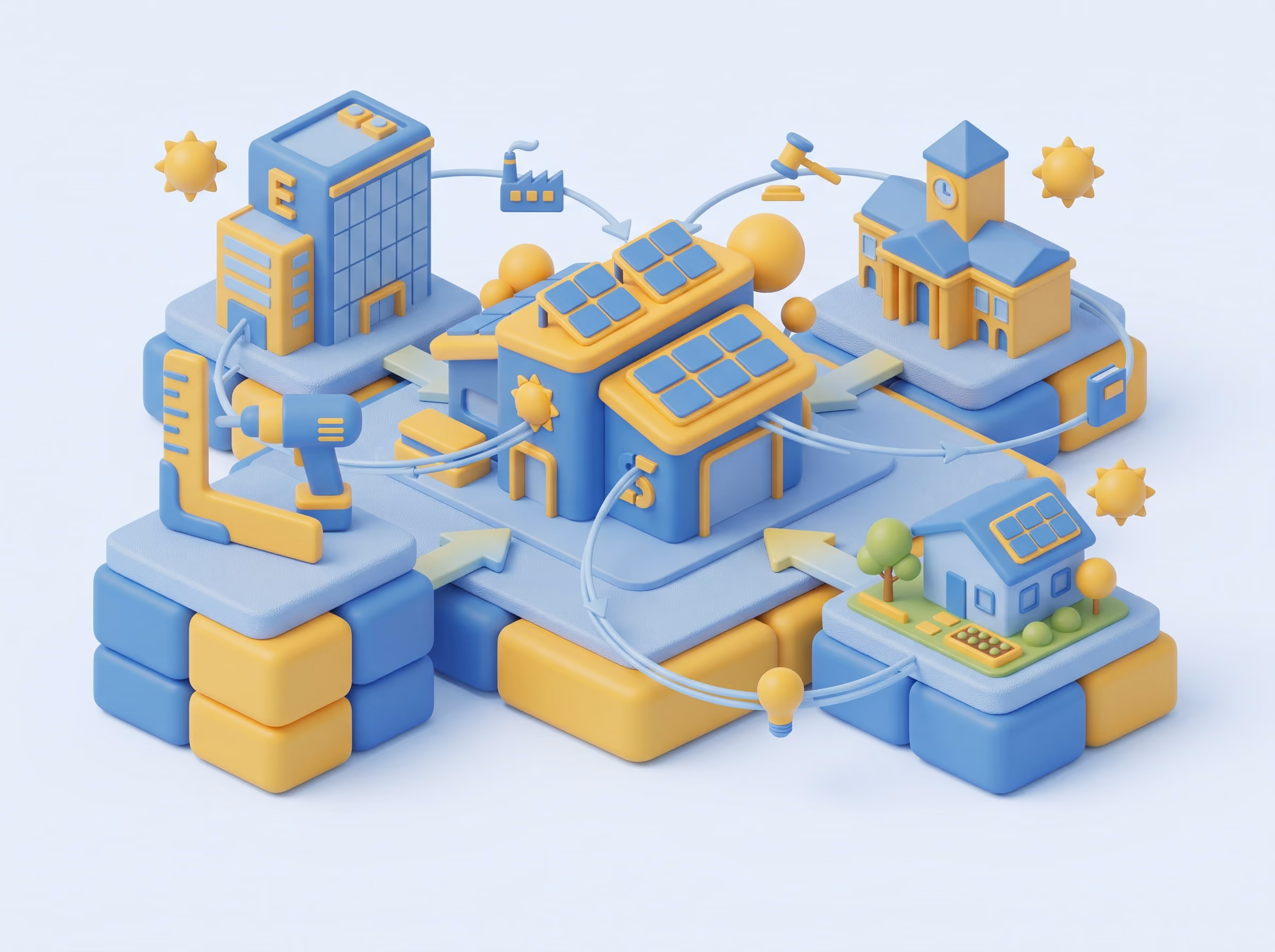 Illustration 3D de petits bâtiments bleus et jaunes empilés, façon maquette
